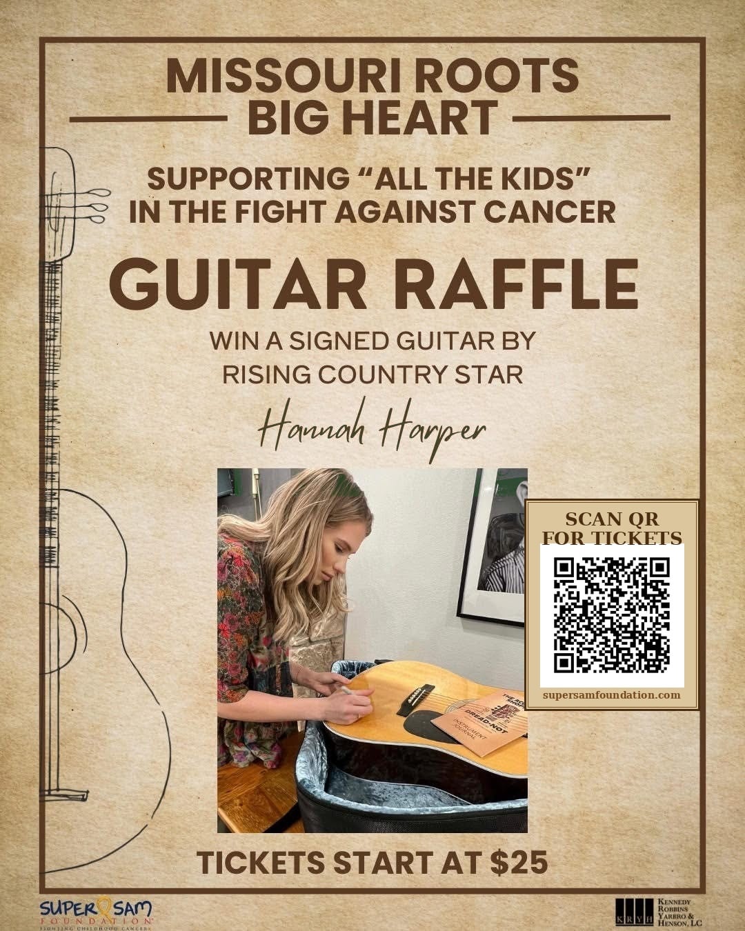 Hannah Harper signs guitar for Super Sam Foundation Raffle